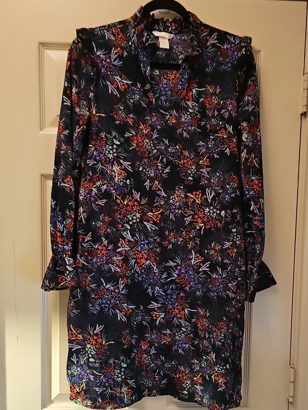 H&M Black Floral Long-Sleeve Shift Dress with Red and Purple Flowers